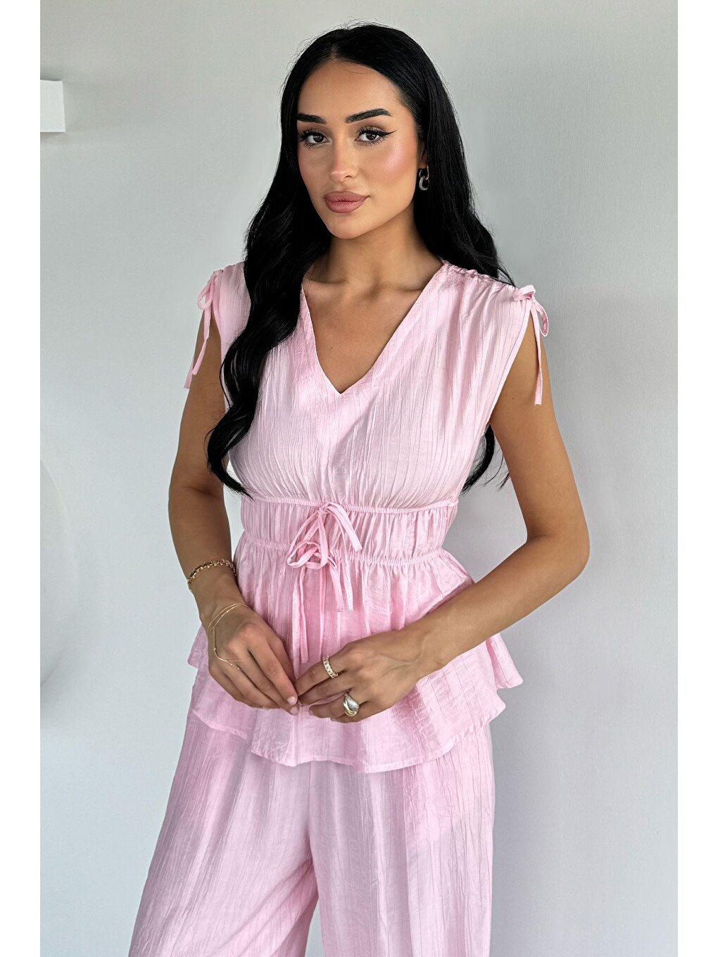 Pembe Kadın Bel Lastikli Pantolon V Yaka Bluz İkili Takım-1