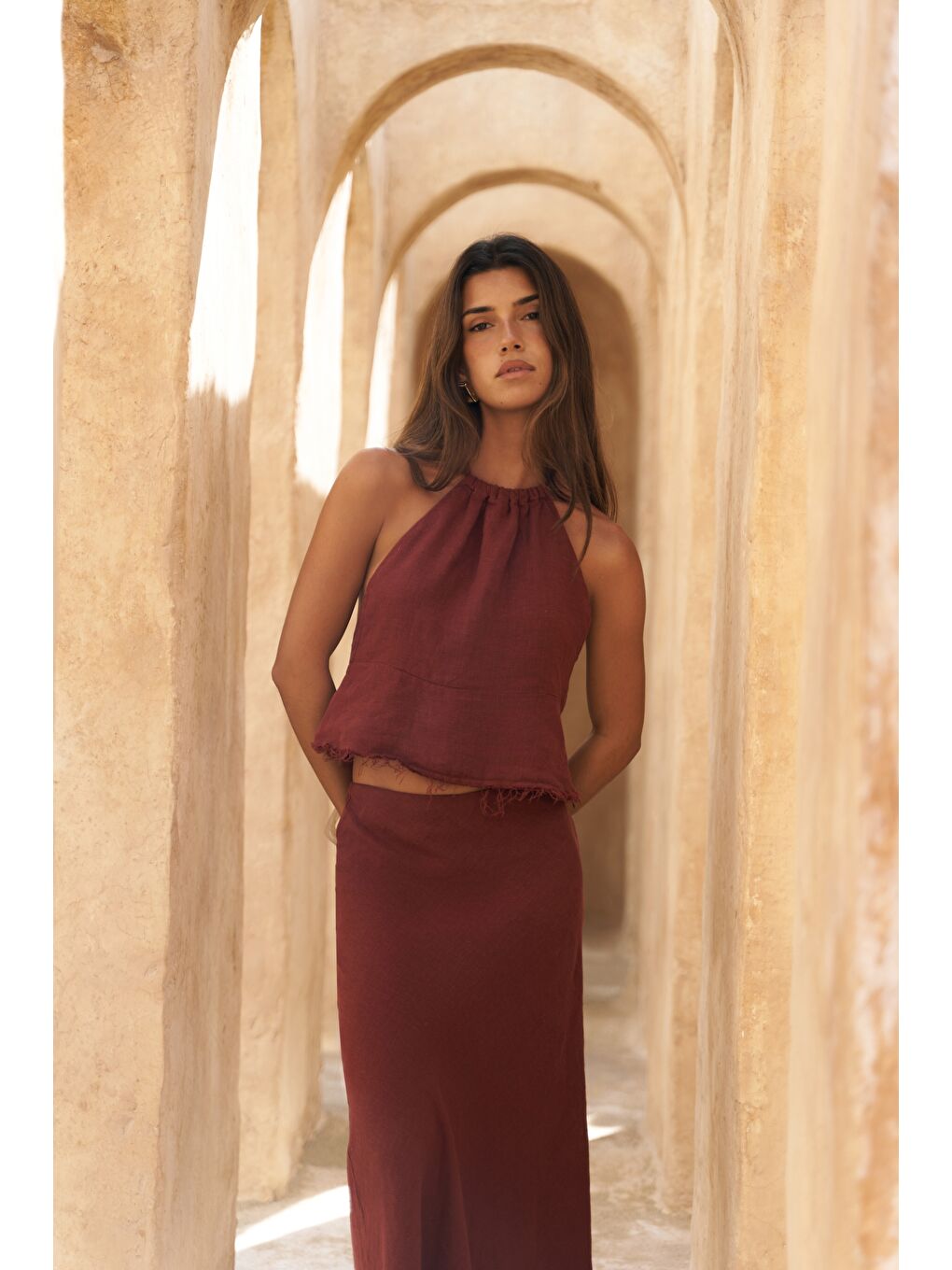 Kahverengi Malmvira Kiremit Keten Crop Etek Takım-4