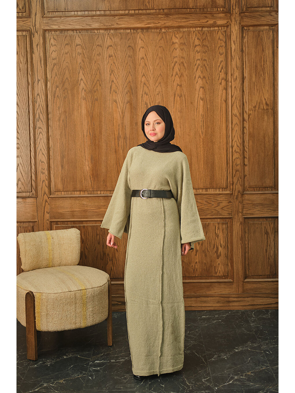 Kadın Kendinden Desenli Kraş Elbise Yeşil-1