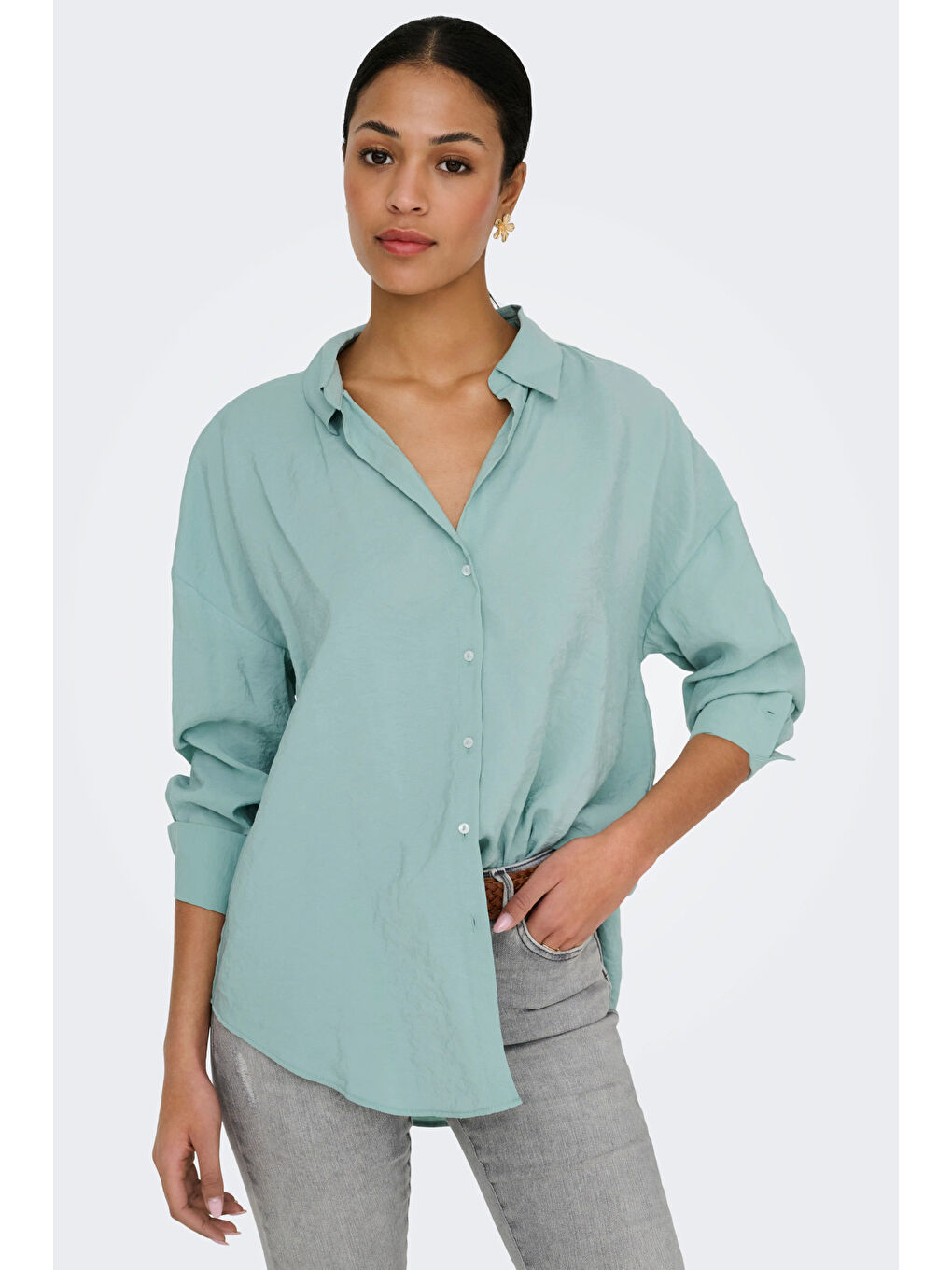 Yeşil Onlzazima Modal Oversize Fit Uzun Kollu Kadın Gömlek 15272523