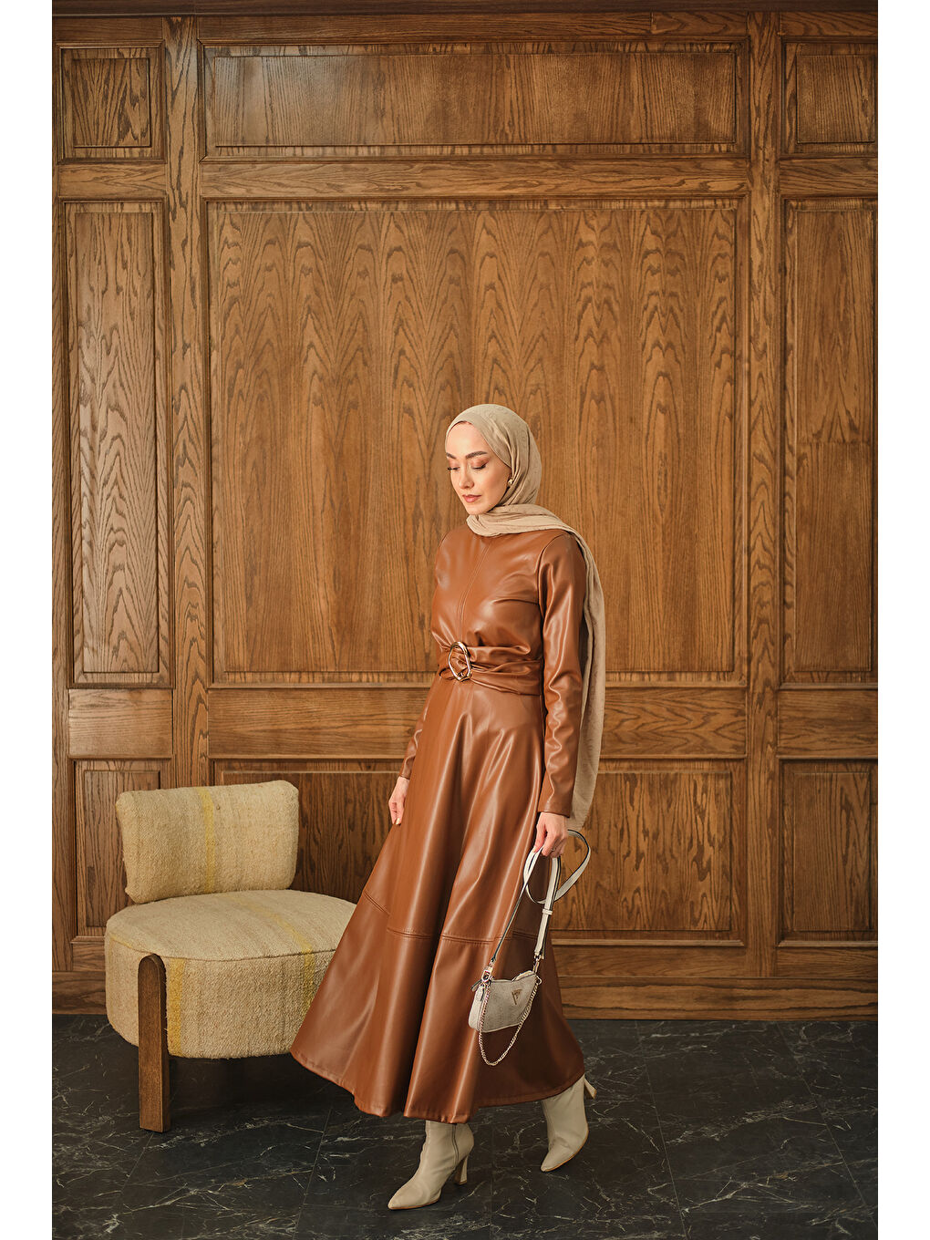 Kahverengi Kadın Şardonlu Deri Elbise Taba-4