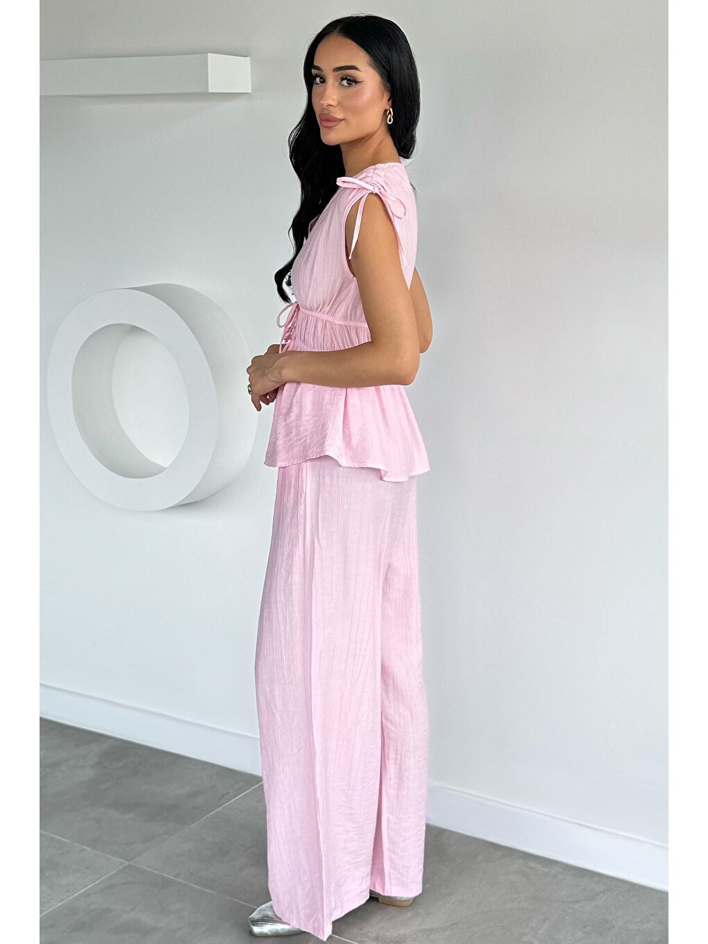 Pembe Kadın Bel Lastikli Pantolon V Yaka Bluz İkili Takım-3