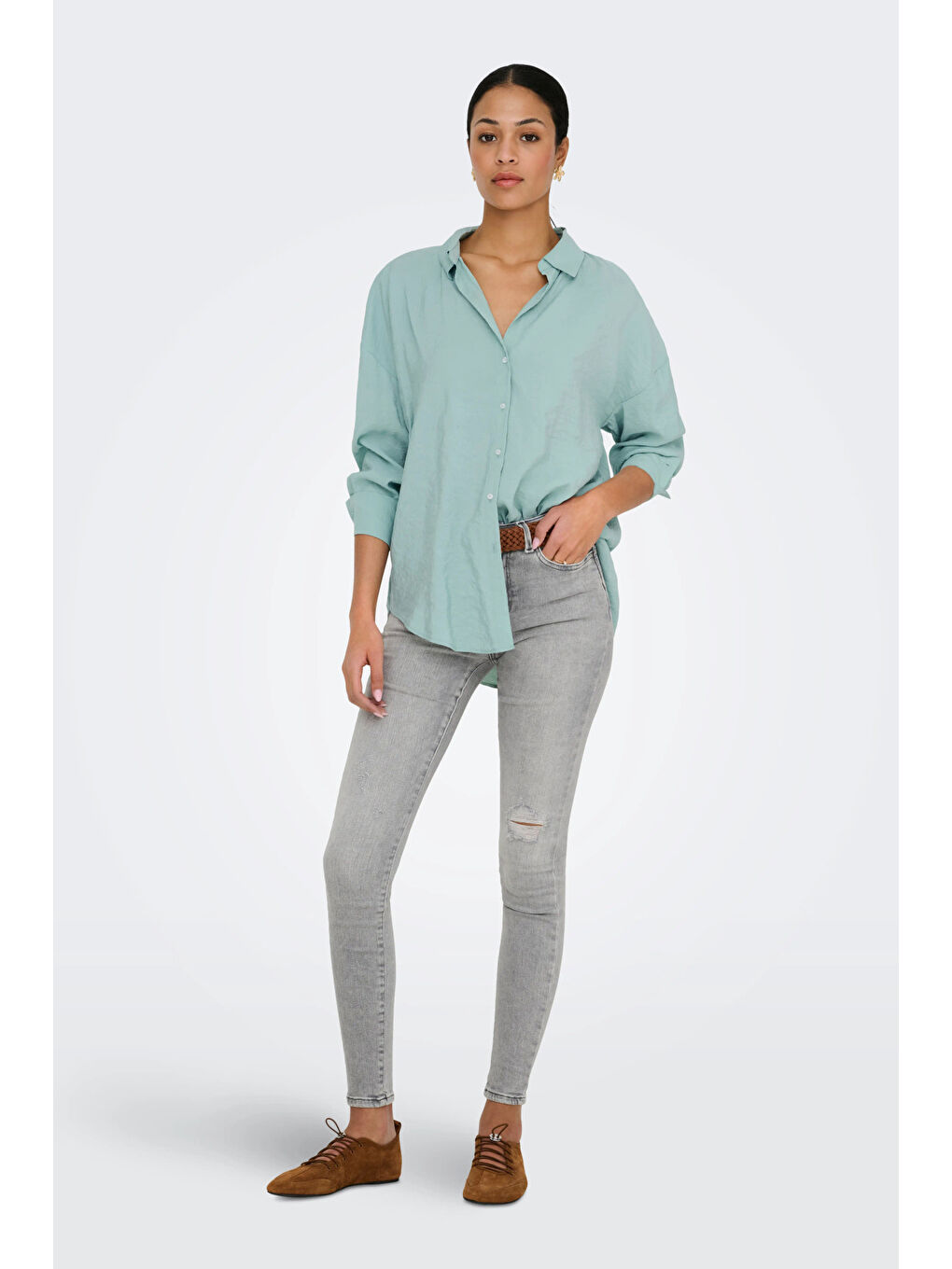 Yeşil Onlzazima Modal Oversize Fit Uzun Kollu Kadın Gömlek 15272523-1