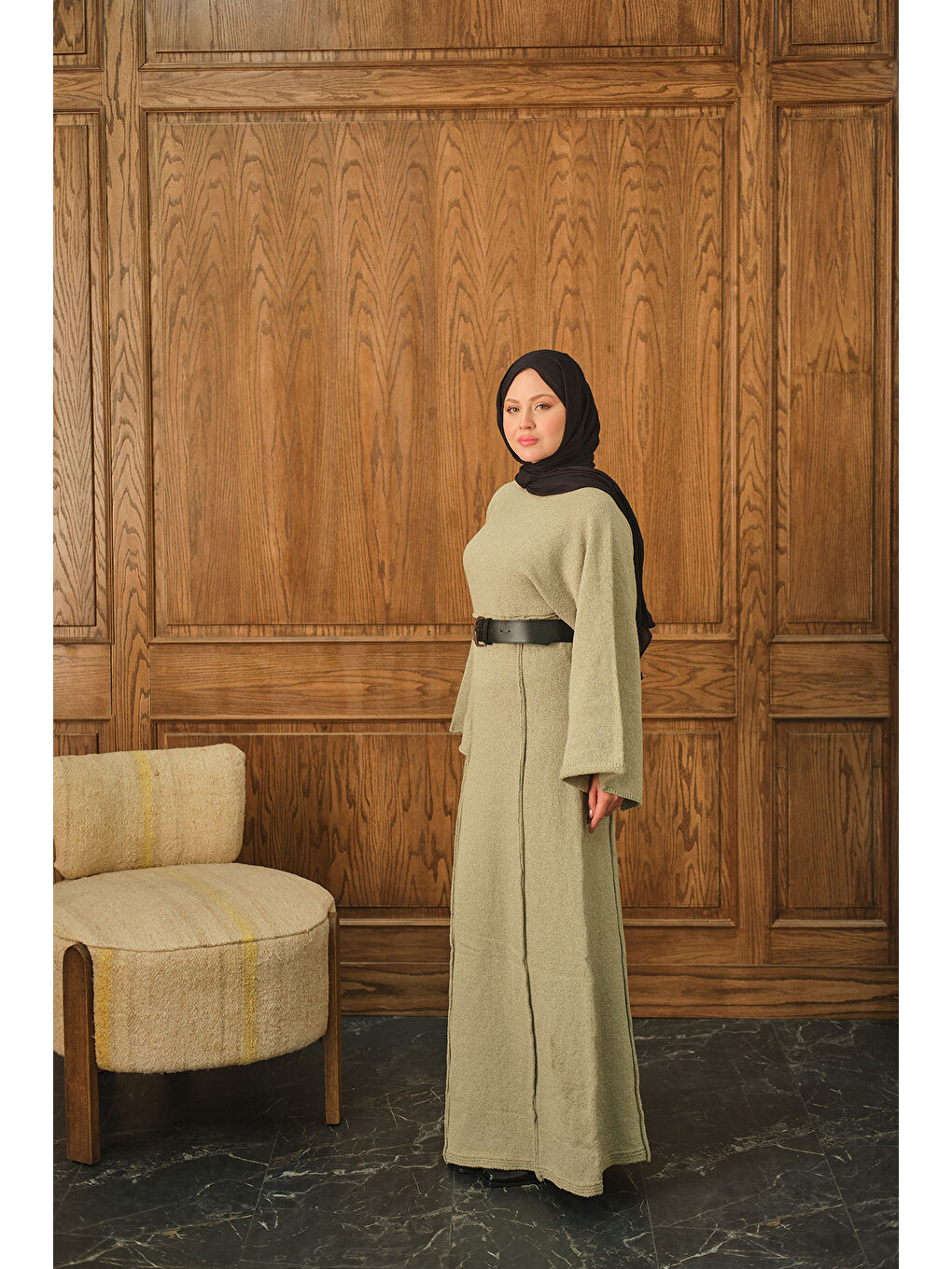 Kadın Kendinden Desenli Kraş Elbise Yeşil-2