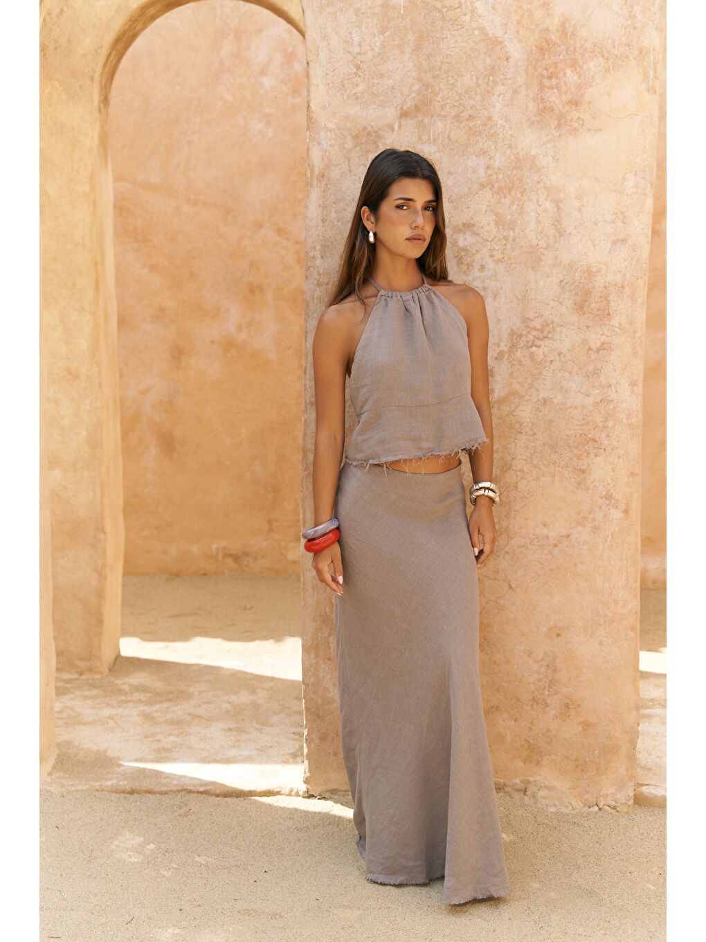 Gri Malmvira Füme Keten Crop Etek Takım-2