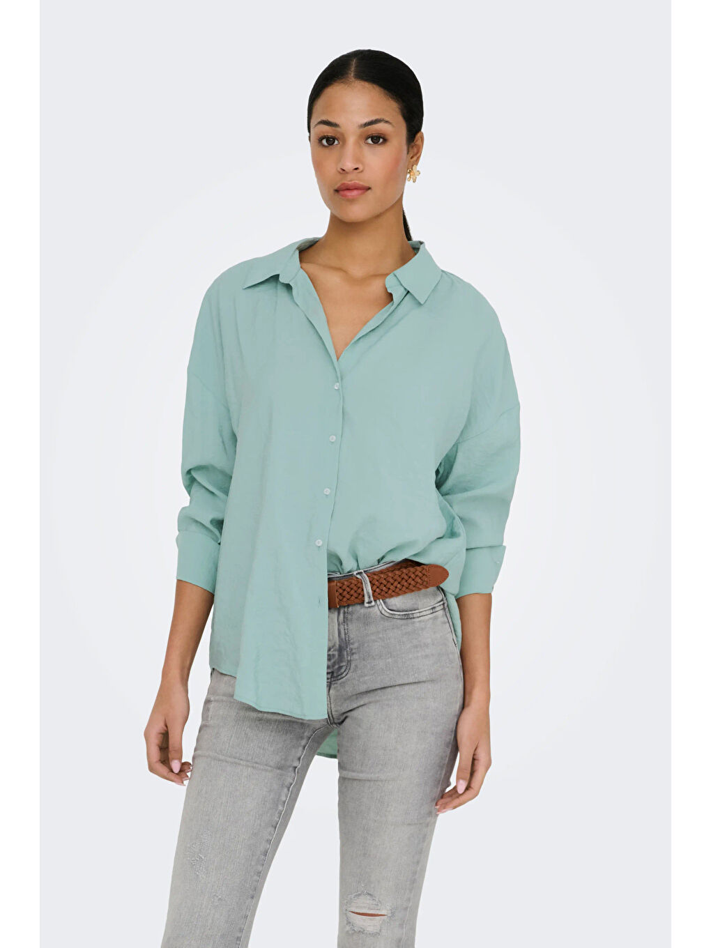 Yeşil Onlzazima Modal Oversize Fit Uzun Kollu Kadın Gömlek 15272523-2