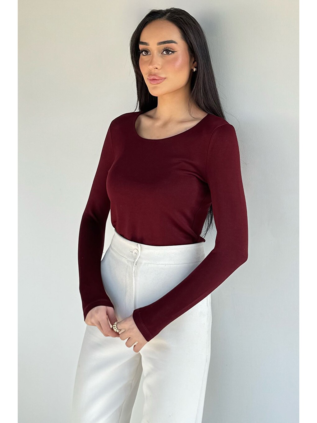 Bordo Bisiklet Yaka Basıc Bluz