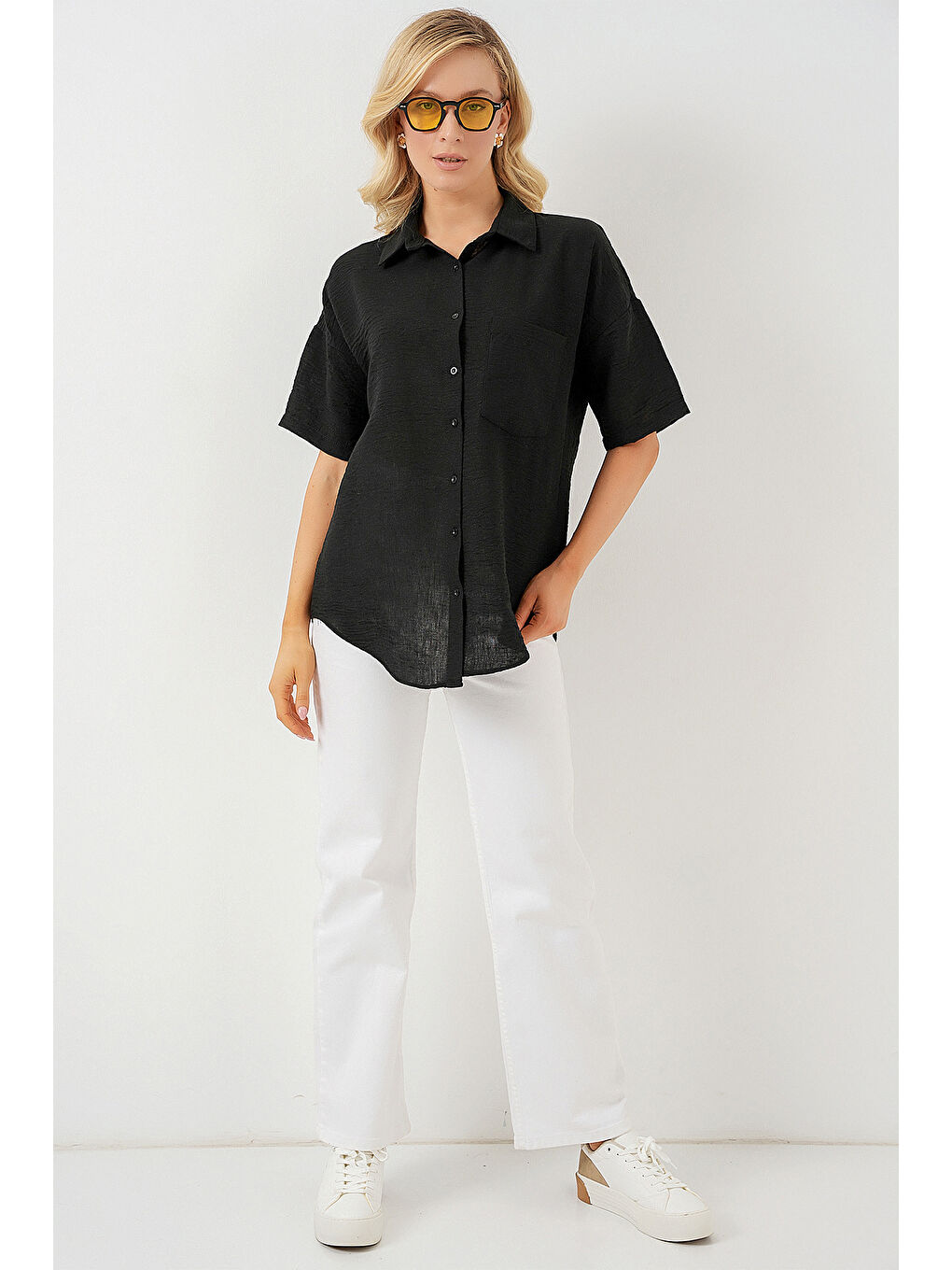 Kadın Kısa Kol Keten Görünümlü Gömlek 20336 - Siyah-1