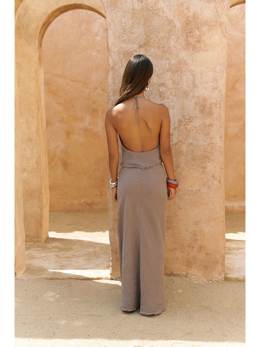 Gri Malmvira Füme Keten Crop Etek Takım-3