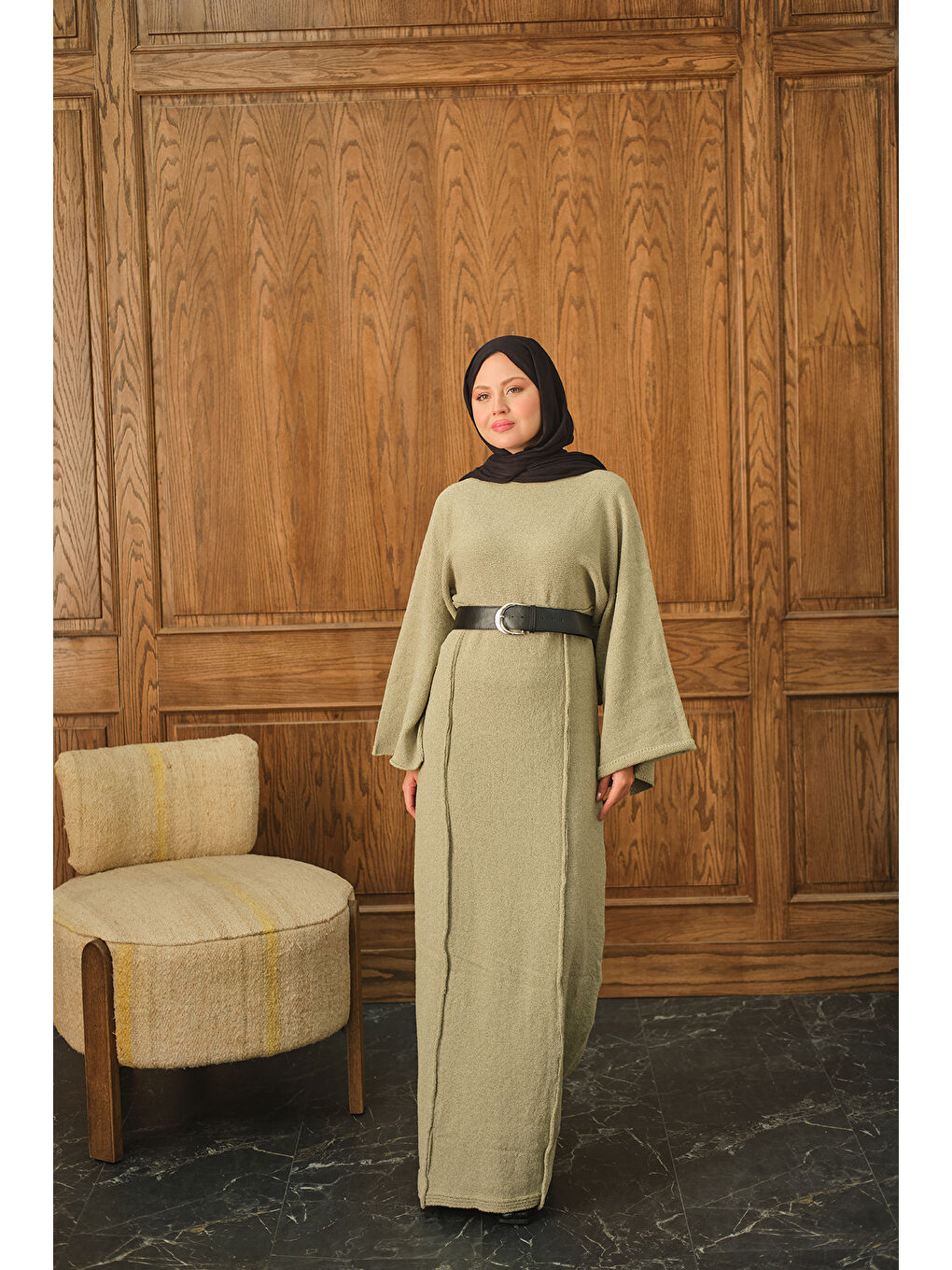 Kadın Kendinden Desenli Kraş Elbise Yeşil-3