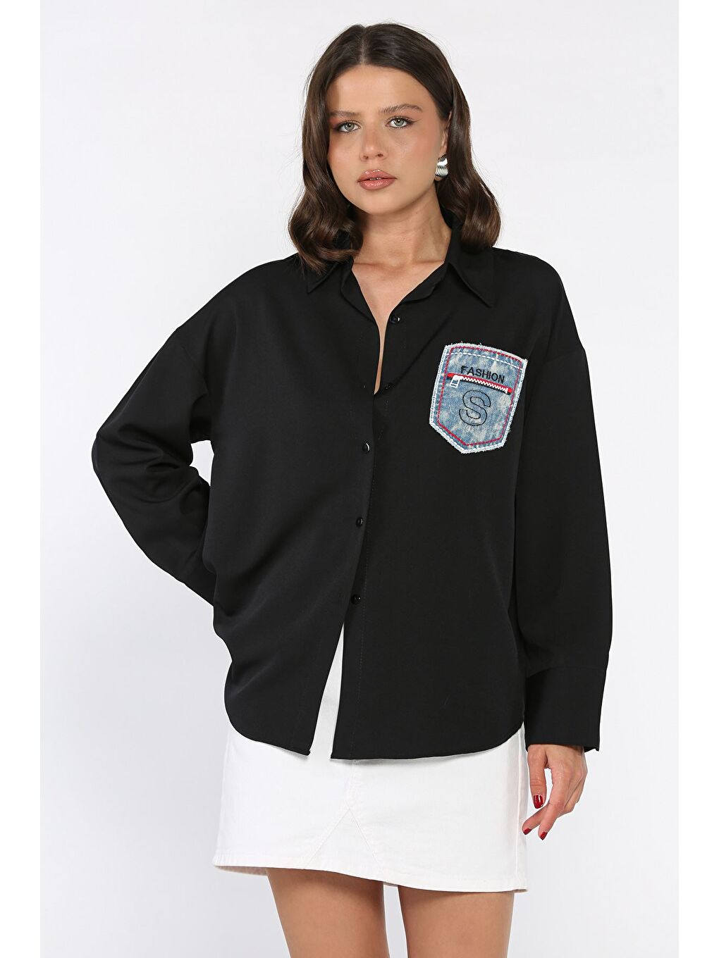 Siyah Cepli Kadın Salaş Gömlek-1
