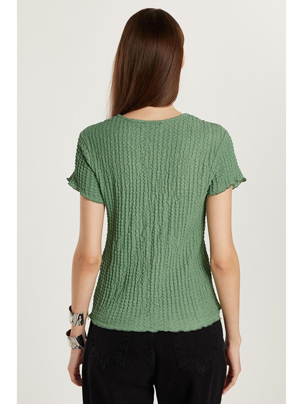 Kadın Slim Fit Dar Kesim Kısa Kollu Bisiklet Yaka Haki Tişört-4