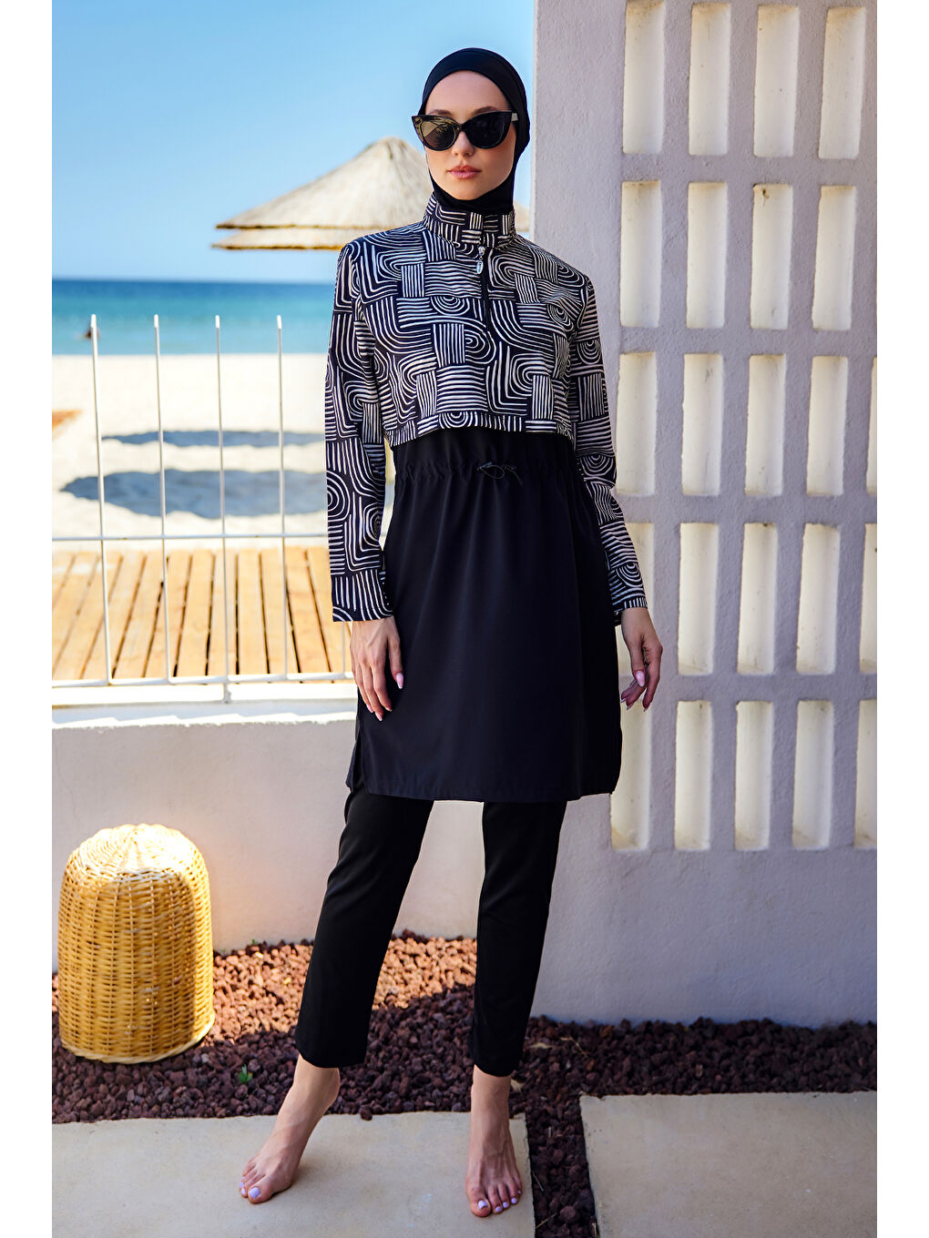 Önü Kapaklı Tam Kapalı Tesettür Mayo Siyah08 R5208 Labire-1