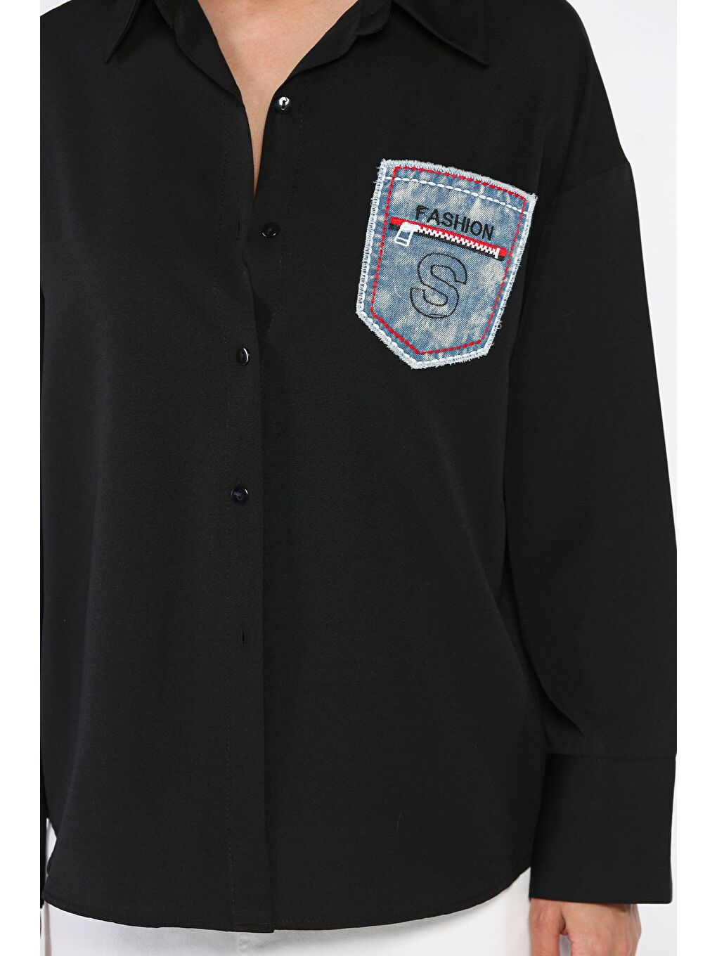 Siyah Cepli Kadın Salaş Gömlek-3
