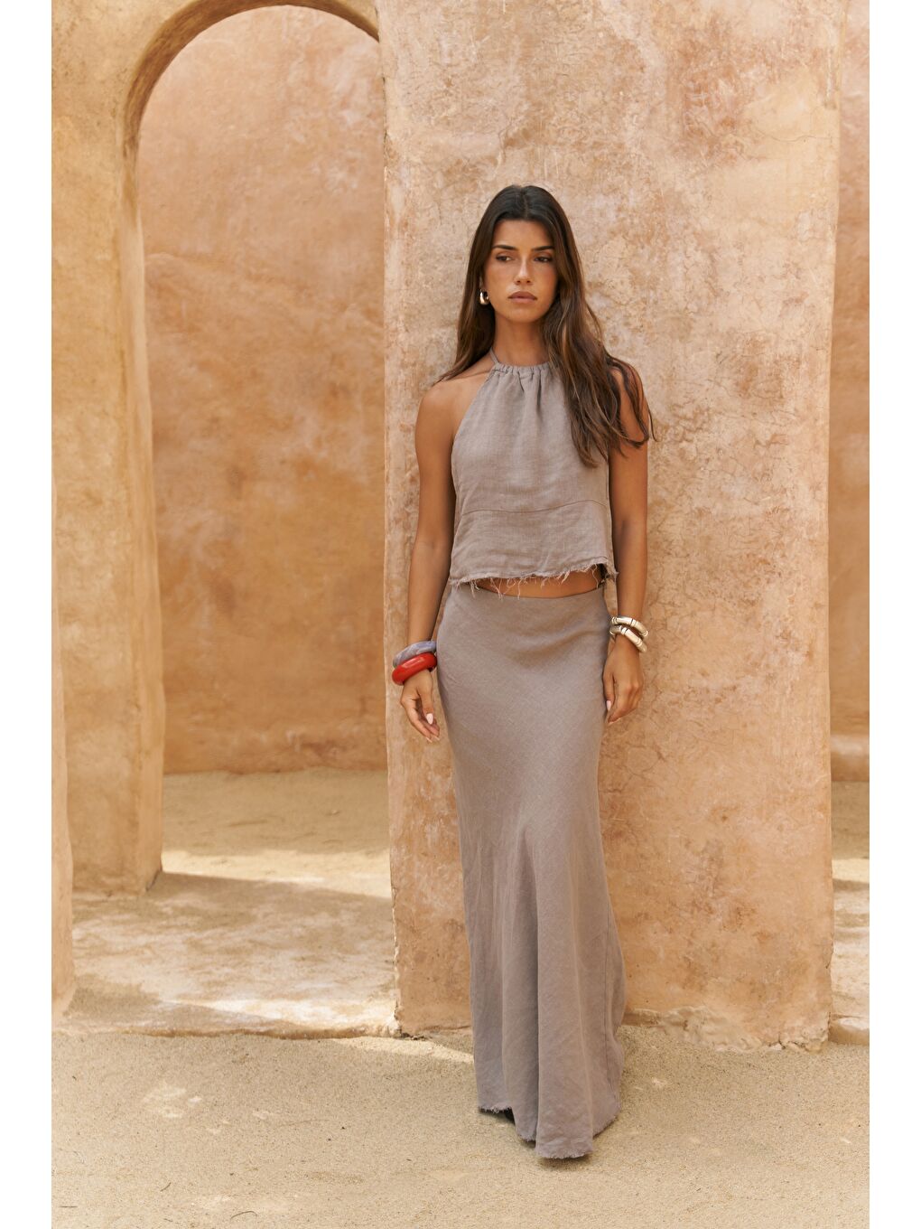 Gri Malmvira Füme Keten Crop Etek Takım-4