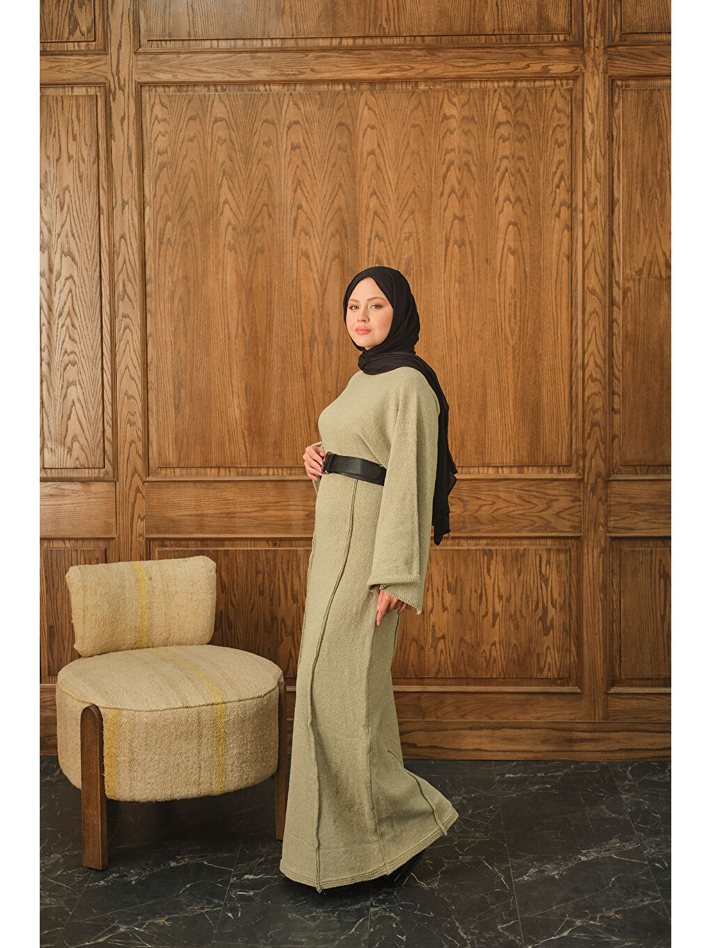 Kadın Kendinden Desenli Kraş Elbise Yeşil-4