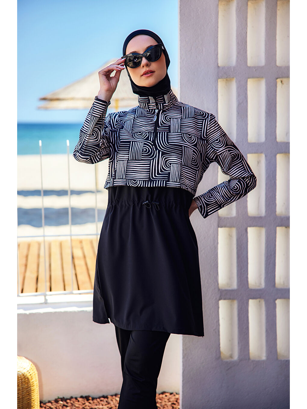 Önü Kapaklı Tam Kapalı Tesettür Mayo Siyah08 R5208 Labire-2