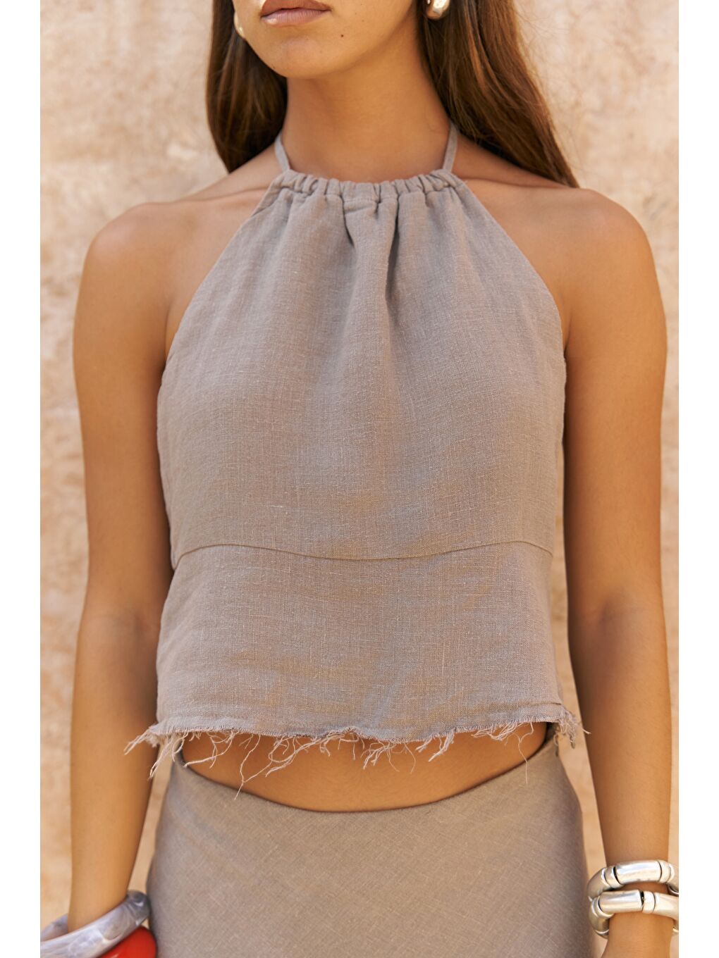 Gri Malmvira Füme Keten Crop Etek Takım-6