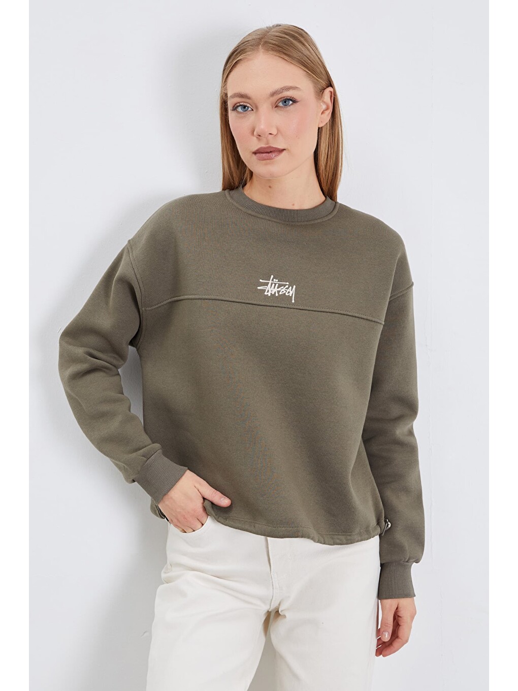 Haki 3 İplik İmza Nakışlı Stoperli Oversize Sweatshirt