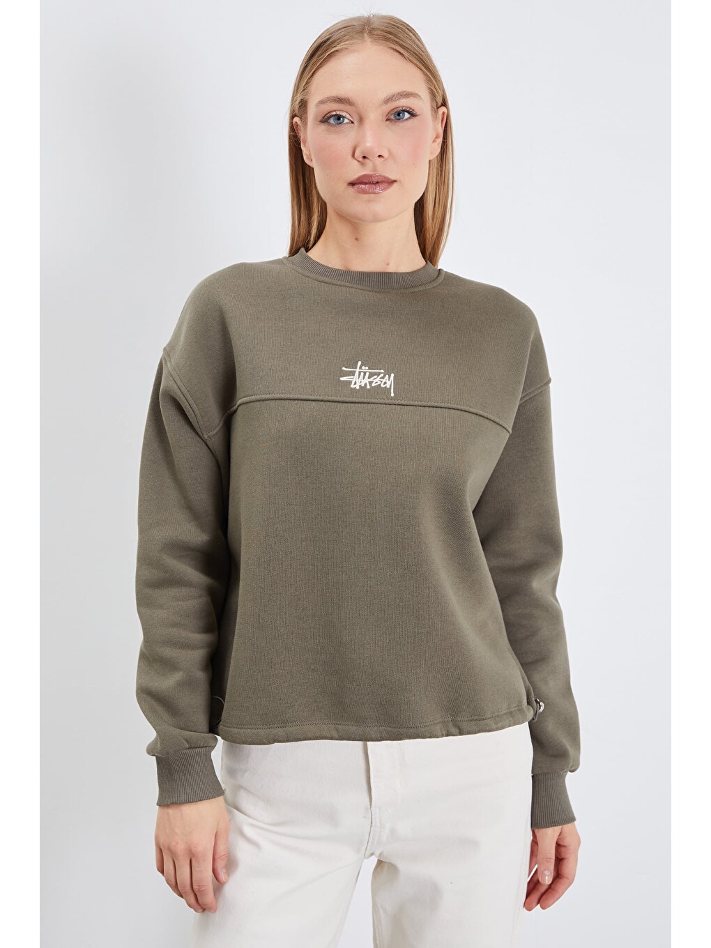 Haki 3 İplik İmza Nakışlı Stoperli Oversize Sweatshirt-1
