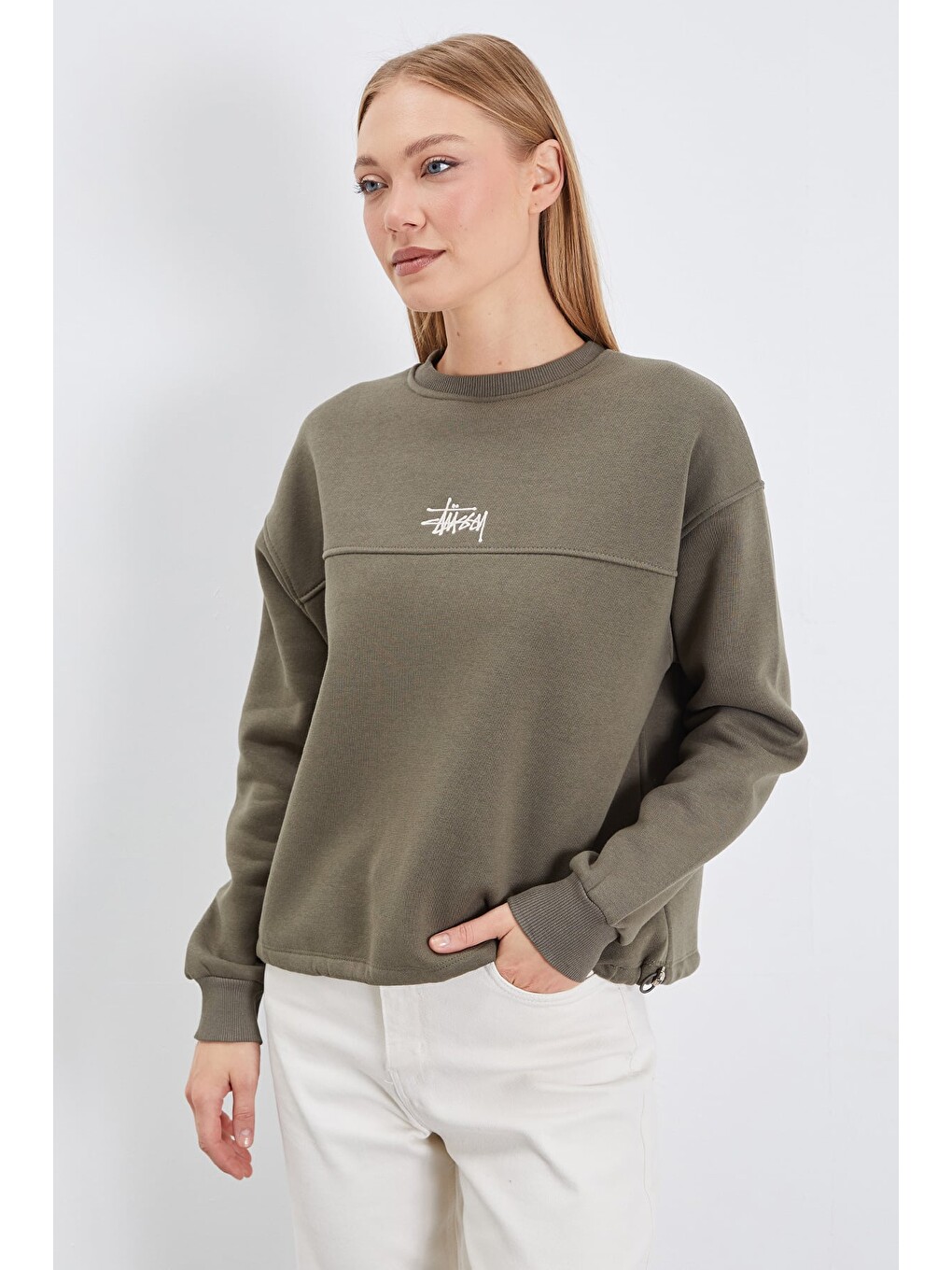 Haki 3 İplik İmza Nakışlı Stoperli Oversize Sweatshirt-2