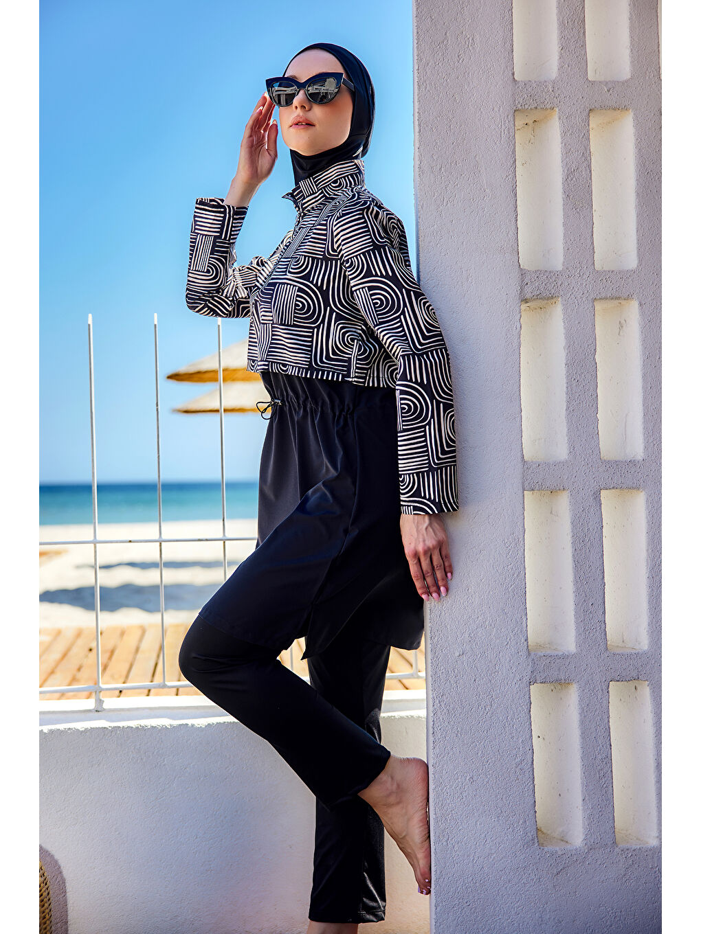 Önü Kapaklı Tam Kapalı Tesettür Mayo Siyah08 R5208 Labire-3