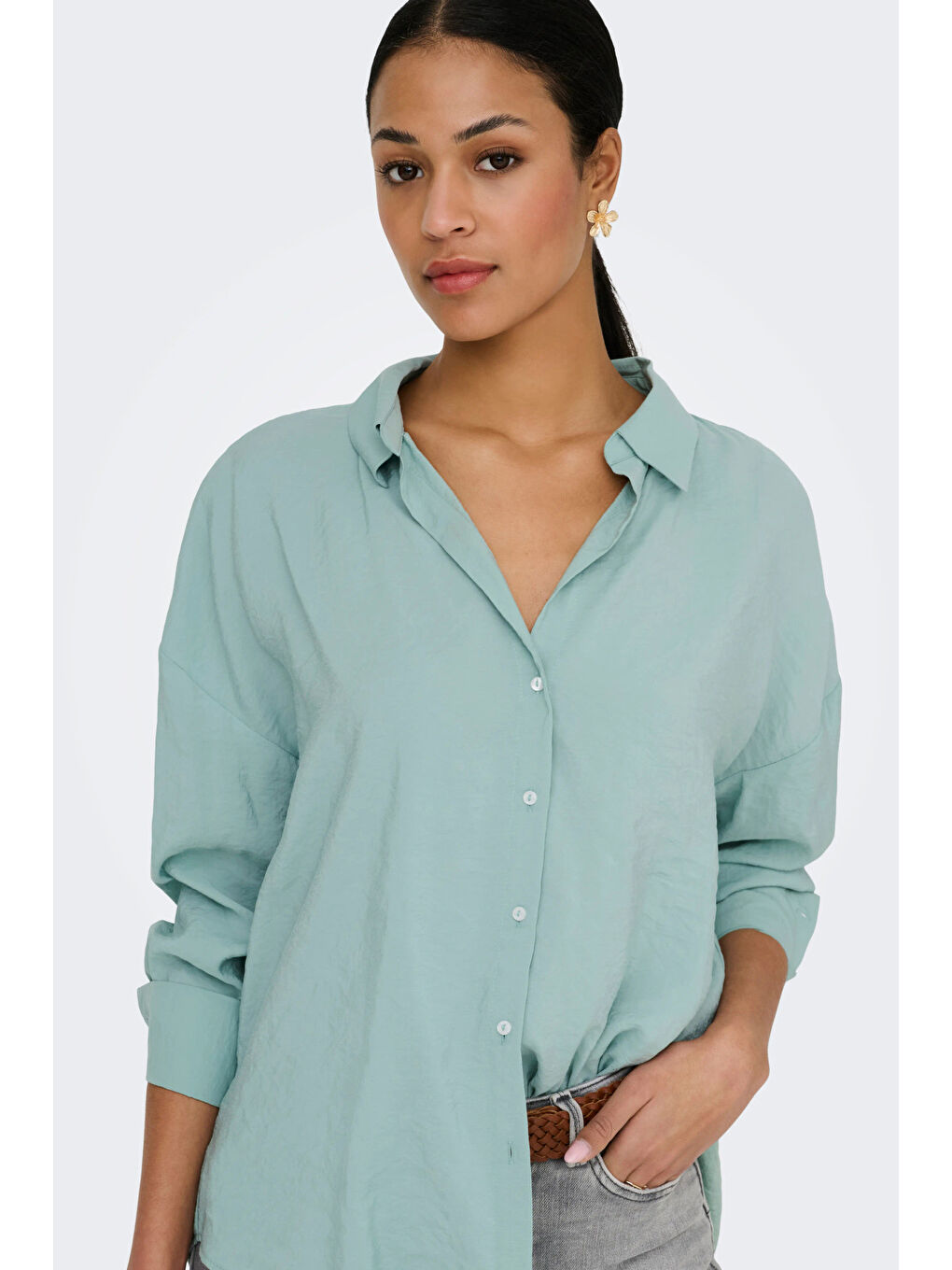 Yeşil Onlzazima Modal Oversize Fit Uzun Kollu Kadın Gömlek 15272523-4