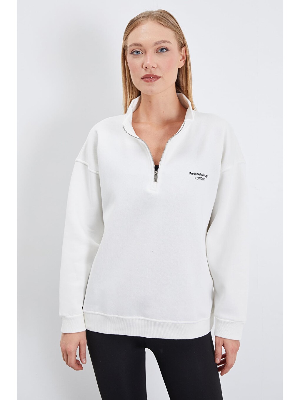 Ekru 3 İplik London Baskılı Yarım Fermuarlı Sweatshirt