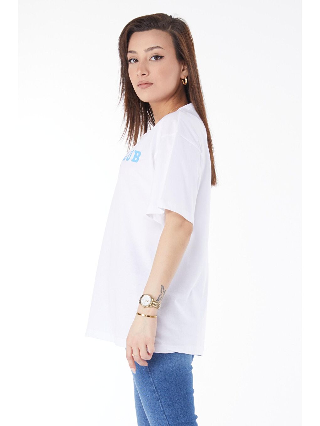 TOFİSA Beyaz Düz Bisiklet Yaka Kadın Beyaz Kısa Kollu Baskılı T-shirt - 24644 - 3