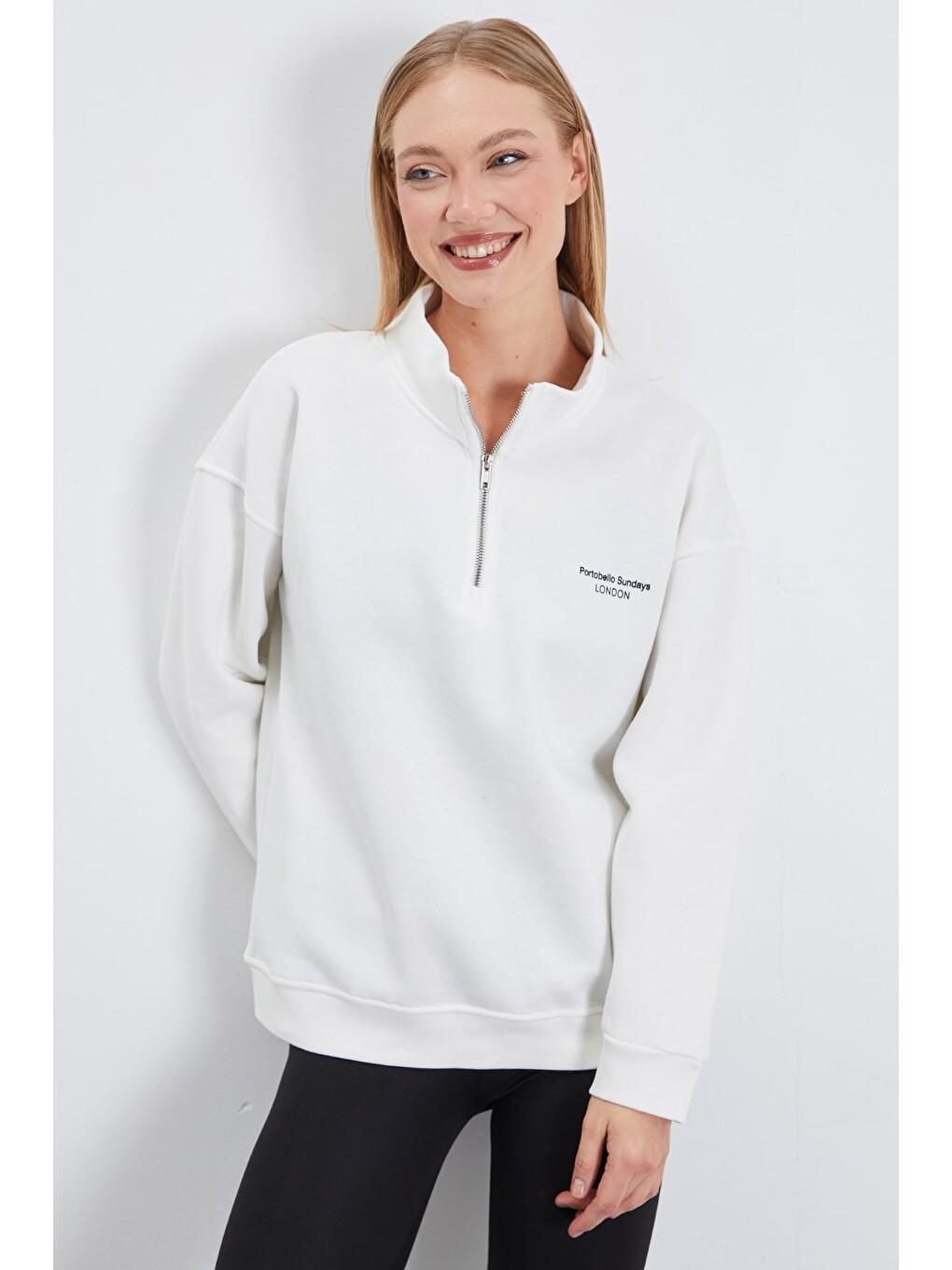 Ekru 3 İplik London Baskılı Yarım Fermuarlı Sweatshirt-2