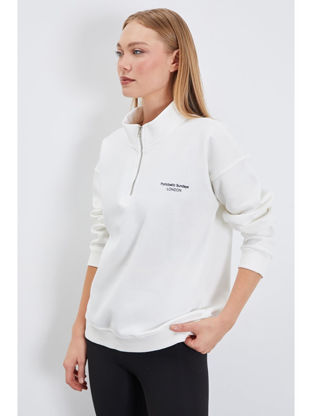 Ekru 3 İplik London Baskılı Yarım Fermuarlı Sweatshirt-3