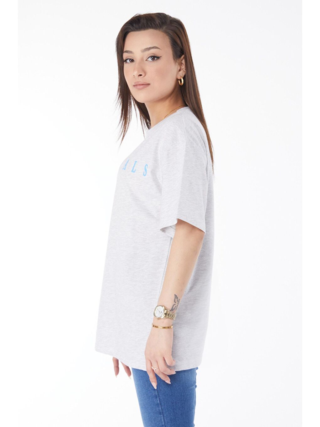 TOFİSA Gri Düz Bisiklet Yaka Kadın Gri Kısa Kollu Baskılı T-shirt - 24636 - 3