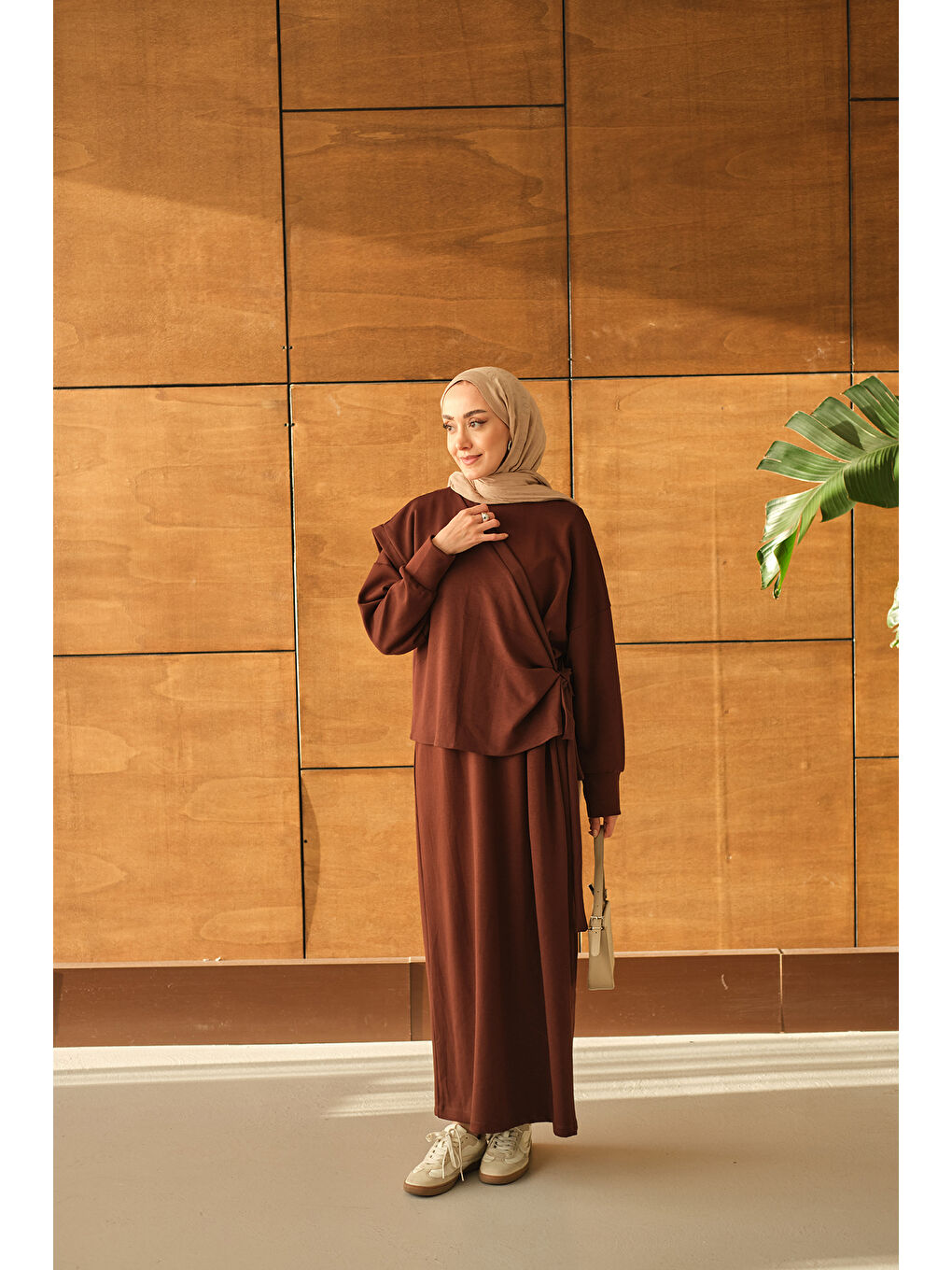 Kadın Parça Bağlamalı Elbise Kahverengi-1