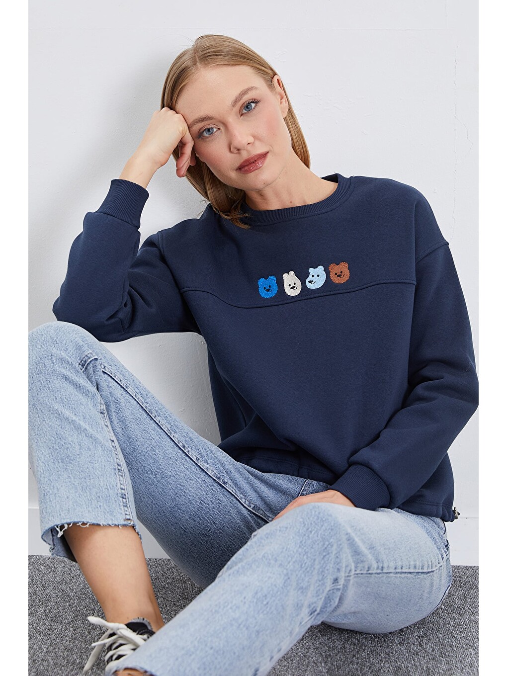 Lacivert 3 İplik Ayıcık Nakışlı Stoperli Oversize Sweatshirt-1
