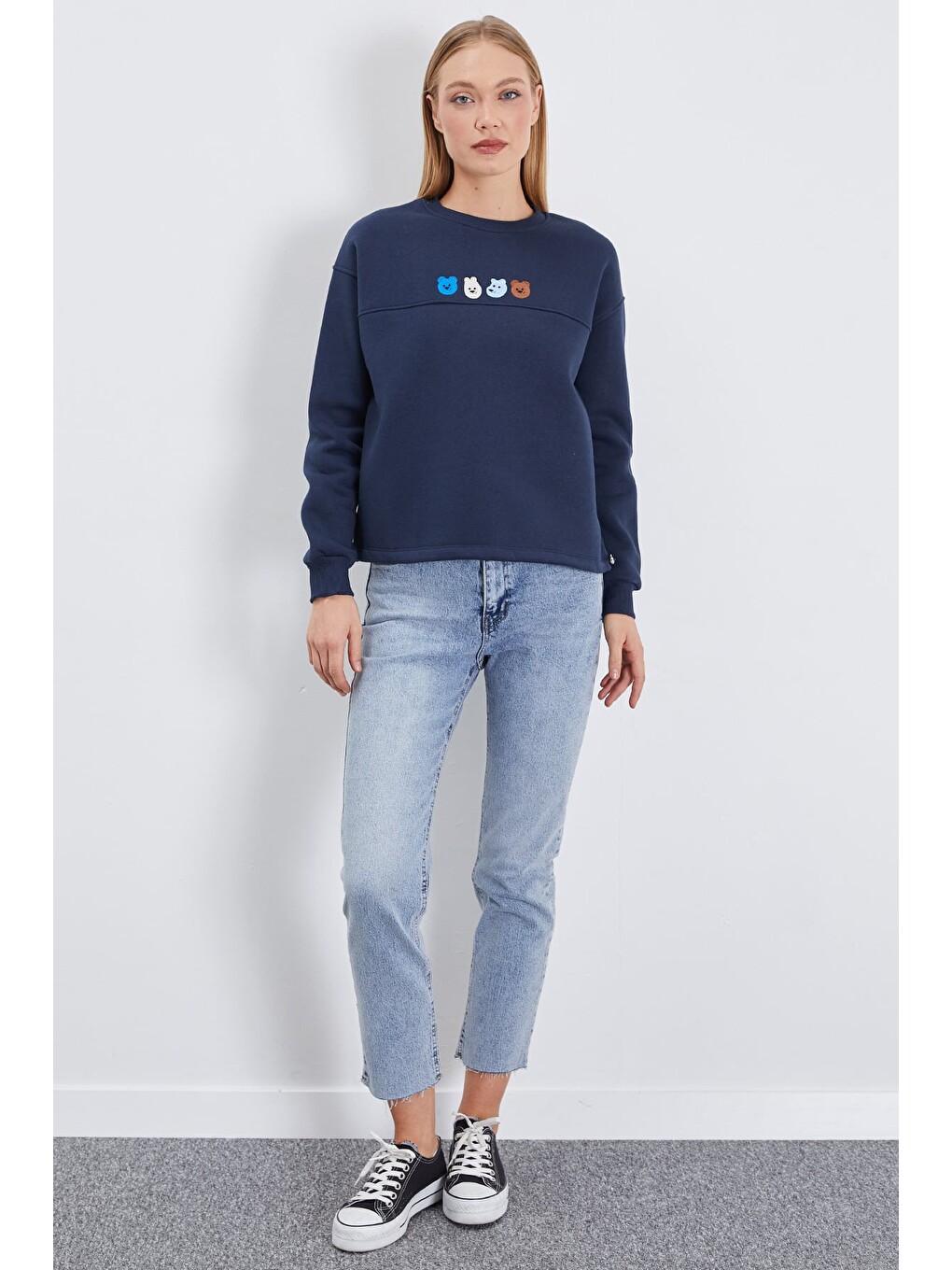 Lacivert 3 İplik Ayıcık Nakışlı Stoperli Oversize Sweatshirt-2