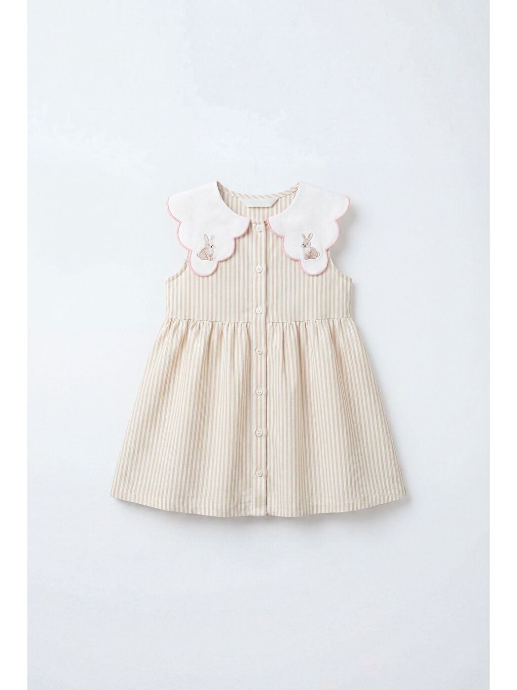 Kız Çocuk Pamuklu Ekru Bej Çizgili Tavşan Nakışlı Yakalı Elbise