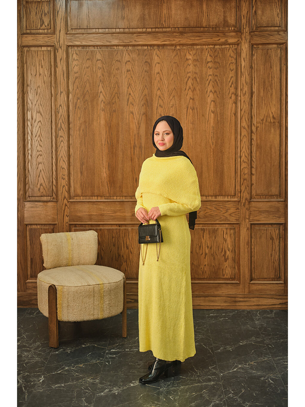 Kadın Pelerin Yaka Elbise Sarı-1