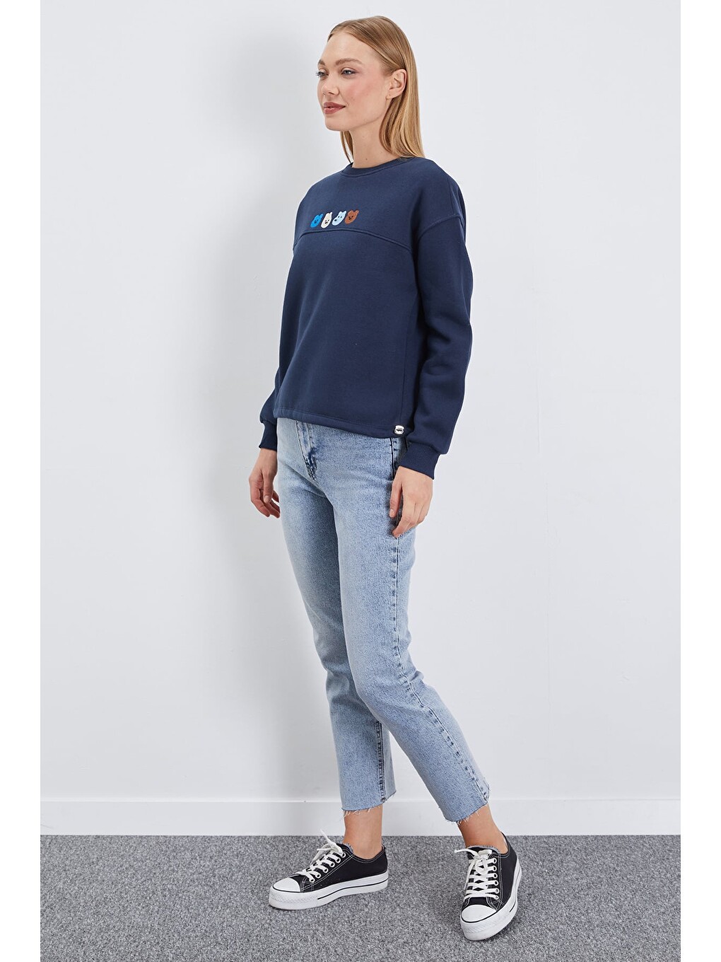 Lacivert 3 İplik Ayıcık Nakışlı Stoperli Oversize Sweatshirt-3
