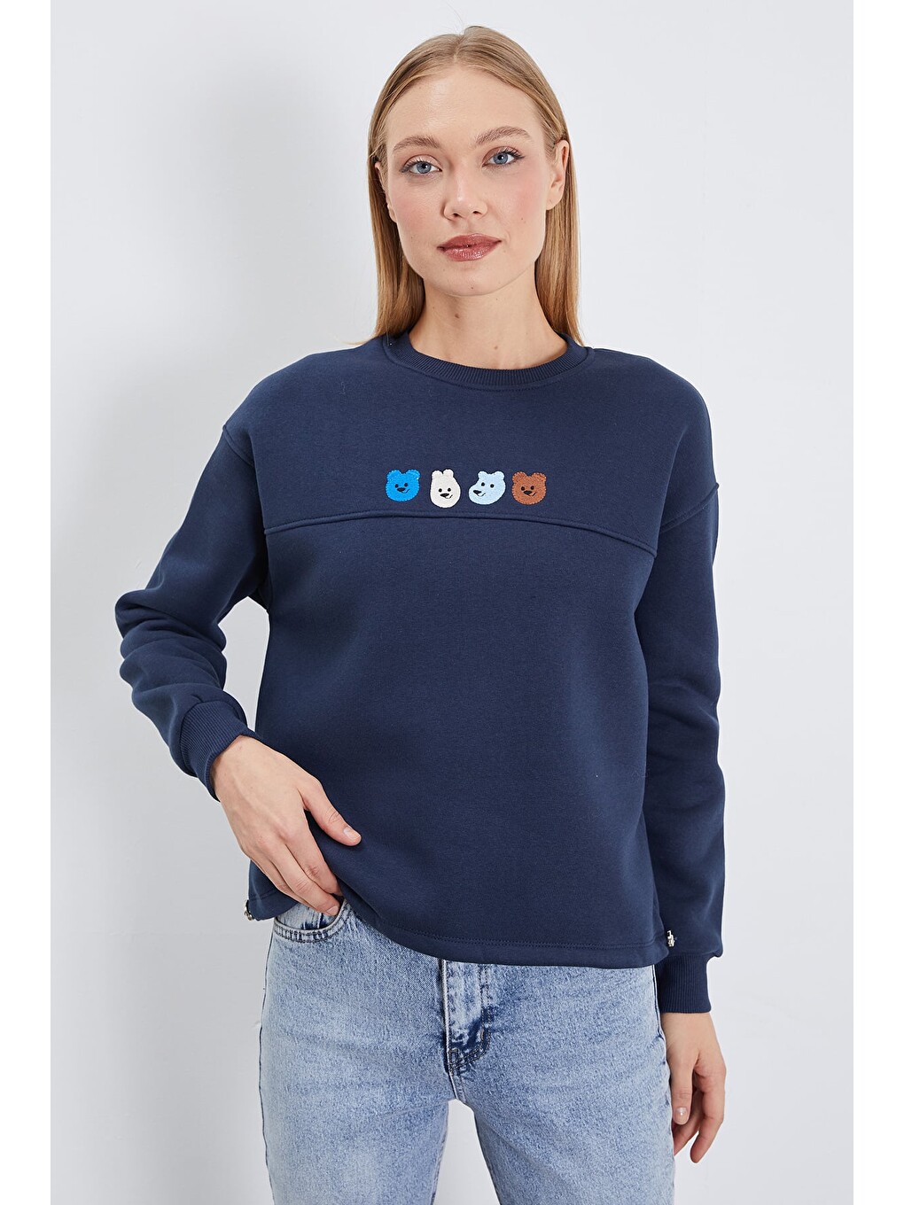 Lacivert 3 İplik Ayıcık Nakışlı Stoperli Oversize Sweatshirt-4