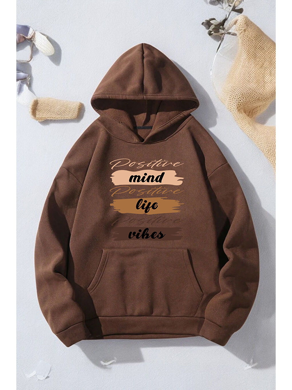 uyguntarz Açık Kahverengi Mind Life Vibes Baskılı Oversize Sweatshirt