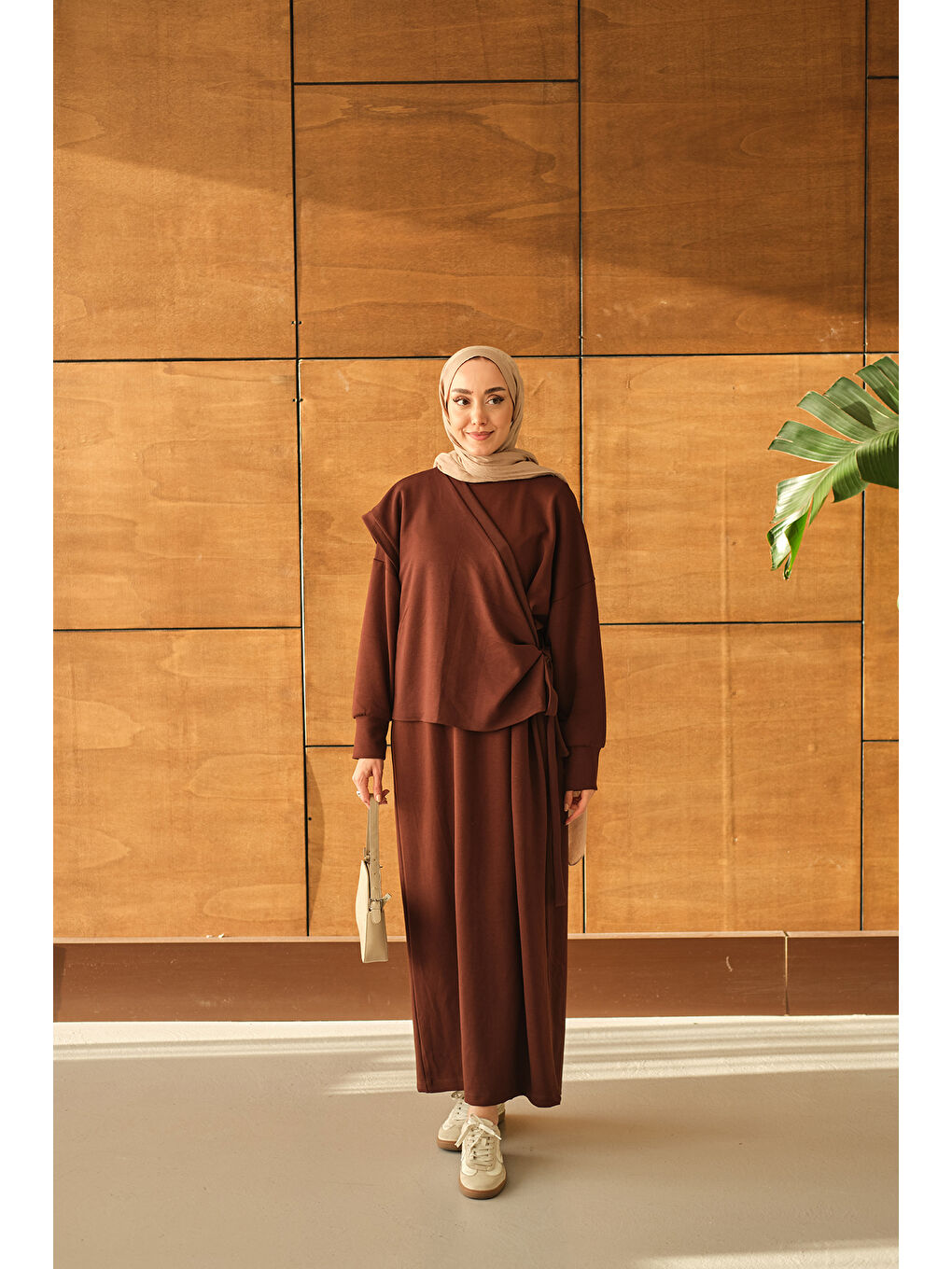 Kadın Parça Bağlamalı Elbise Kahverengi-3