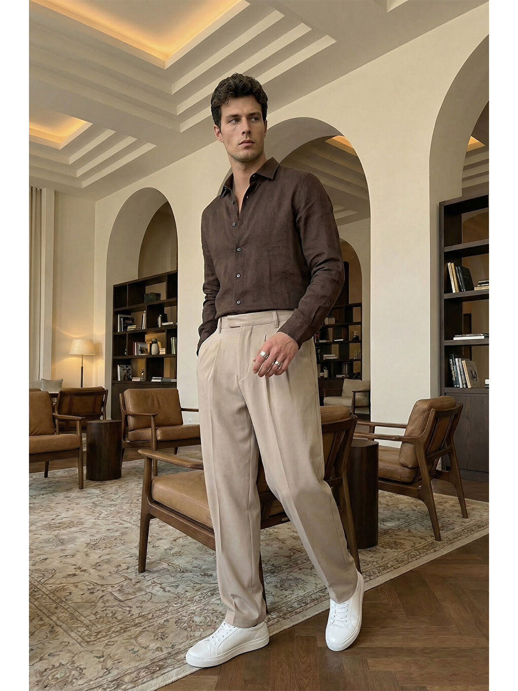 Bej Baluga Extra Baggy Erkek Kumaş Pantolon-4