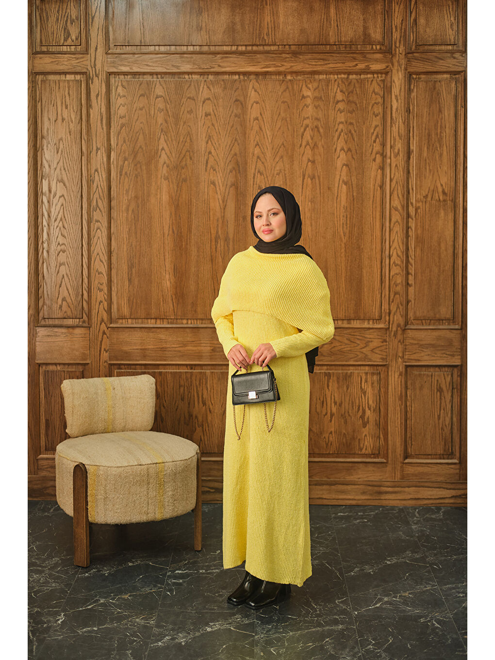 Kadın Pelerin Yaka Elbise Sarı-2