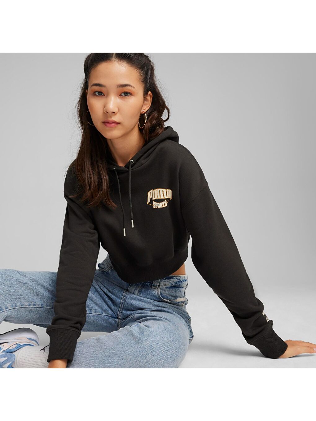 Team Cropped Kadın Siyah Kapüşonlu Sweatshirt-1