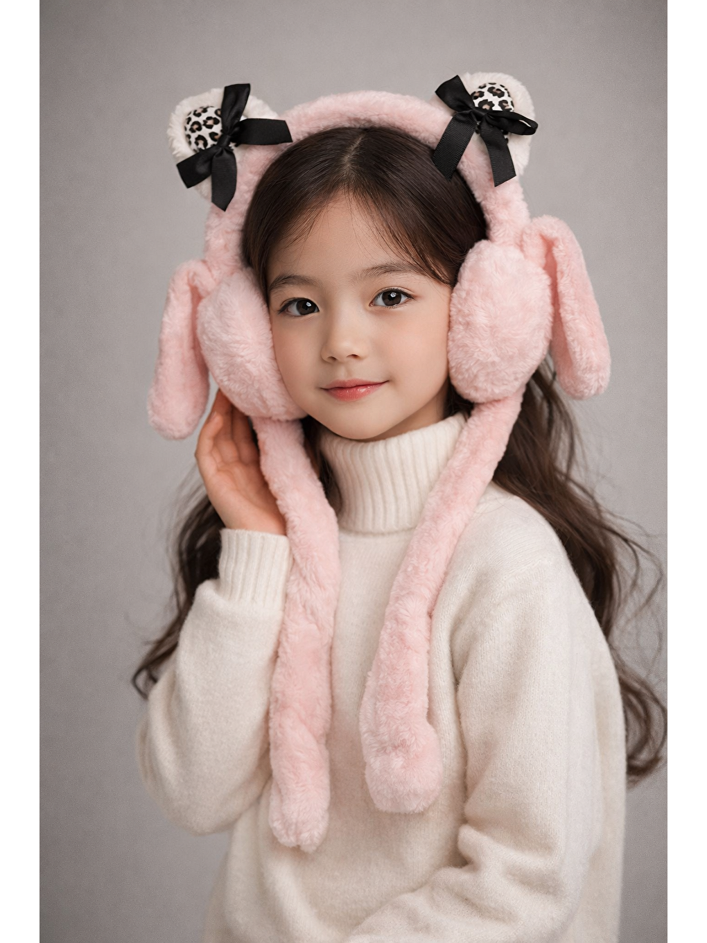 Kız Çocuk Fiyonk Aksesuarlı Kulak Koruyucu Taç Pembe