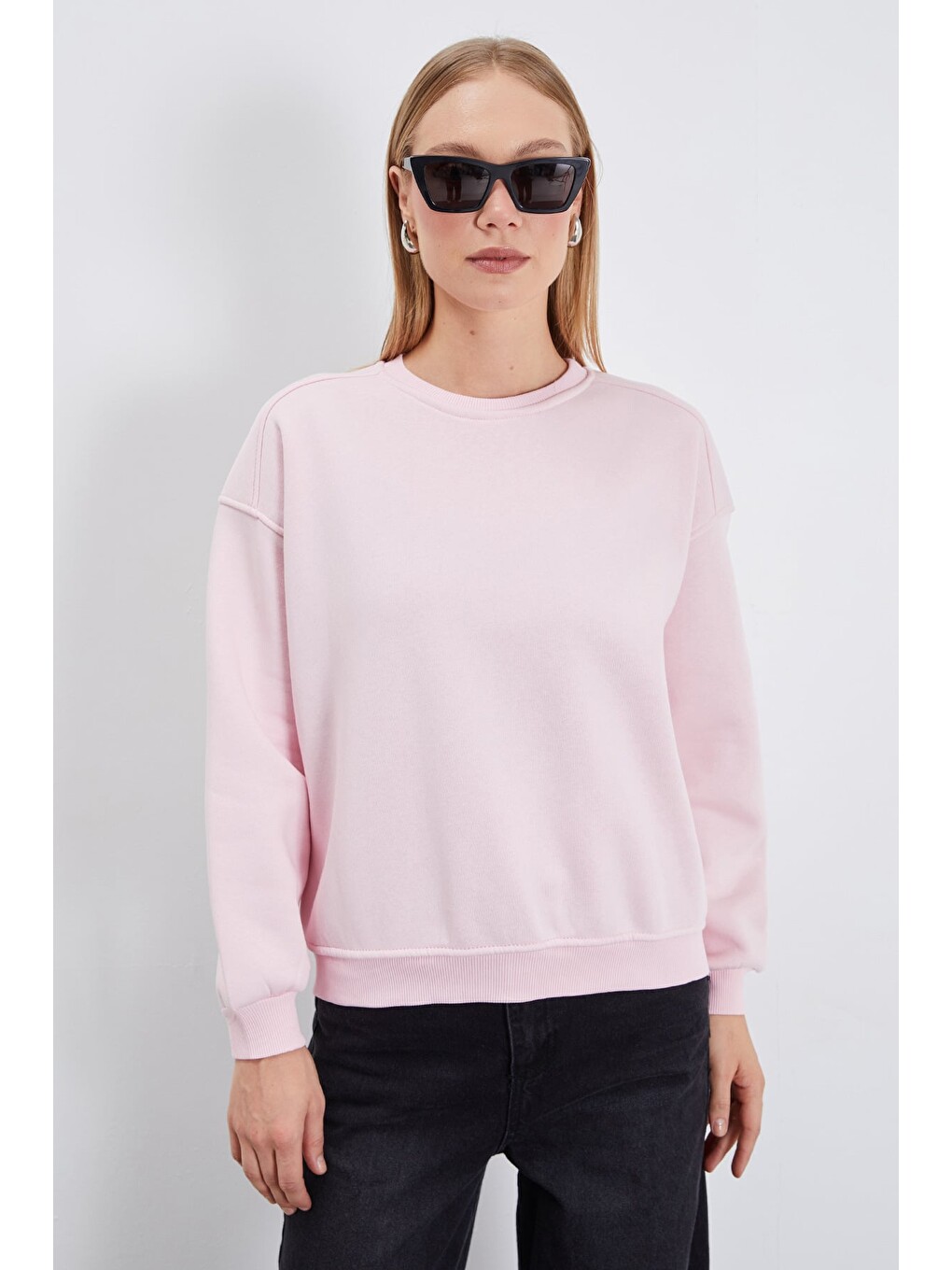 Pembe 3 İplik Basic Bisiklet Yaka Oversize Sweatshirt-1