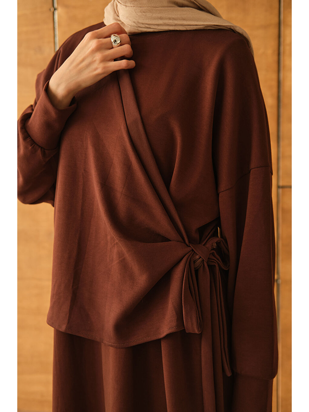 Kadın Parça Bağlamalı Elbise Kahverengi-4