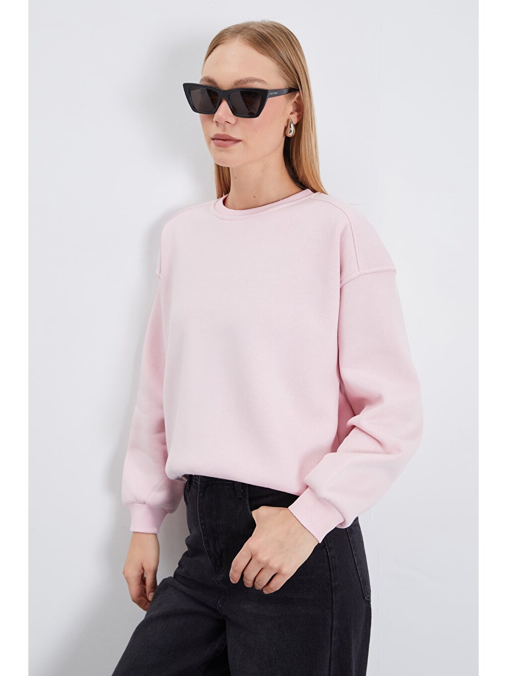 Pembe 3 İplik Basic Bisiklet Yaka Oversize Sweatshirt-4