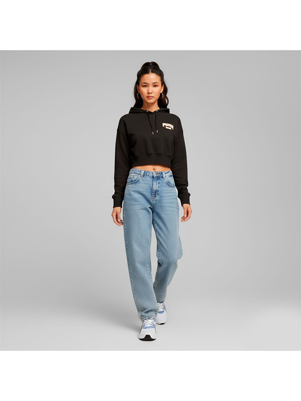 Team Cropped Kadın Siyah Kapüşonlu Sweatshirt-2