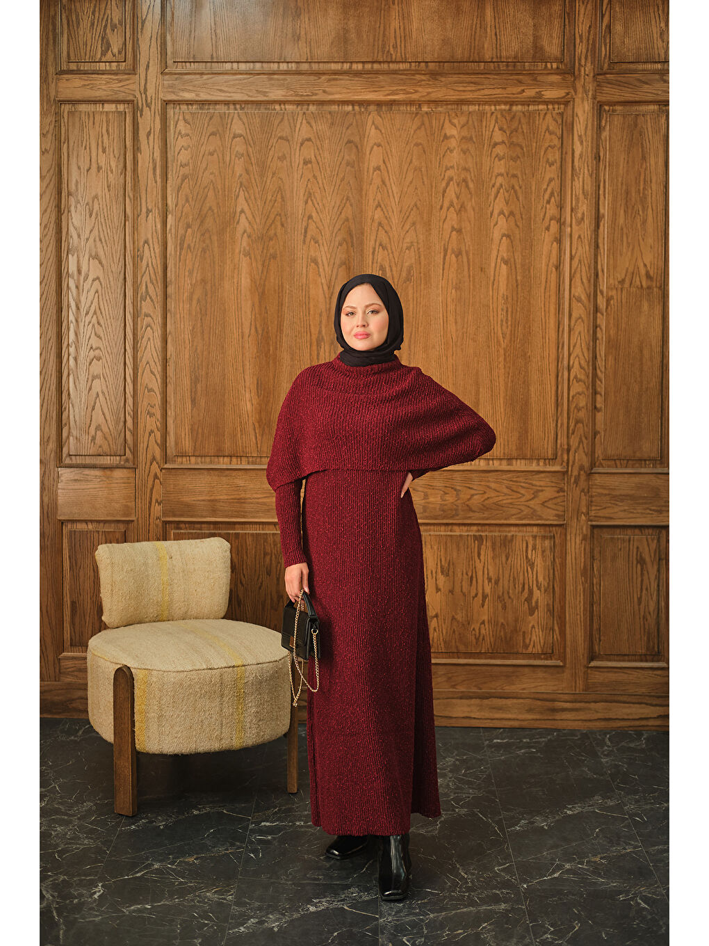 Kadın Pelerin Yaka Elbise Bordo-1